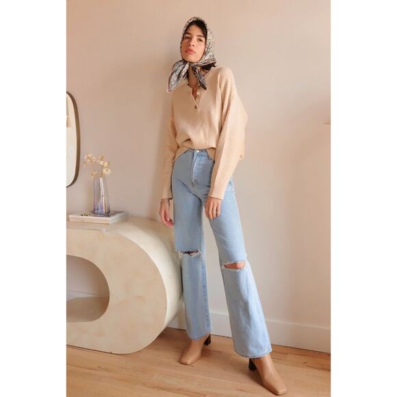 NIA Tops - NIA WAFFLE KNIT STRETCH HENLEY NATURAL BEIGE TAN LONG SLEEVE PULLOVER MEDIUM M